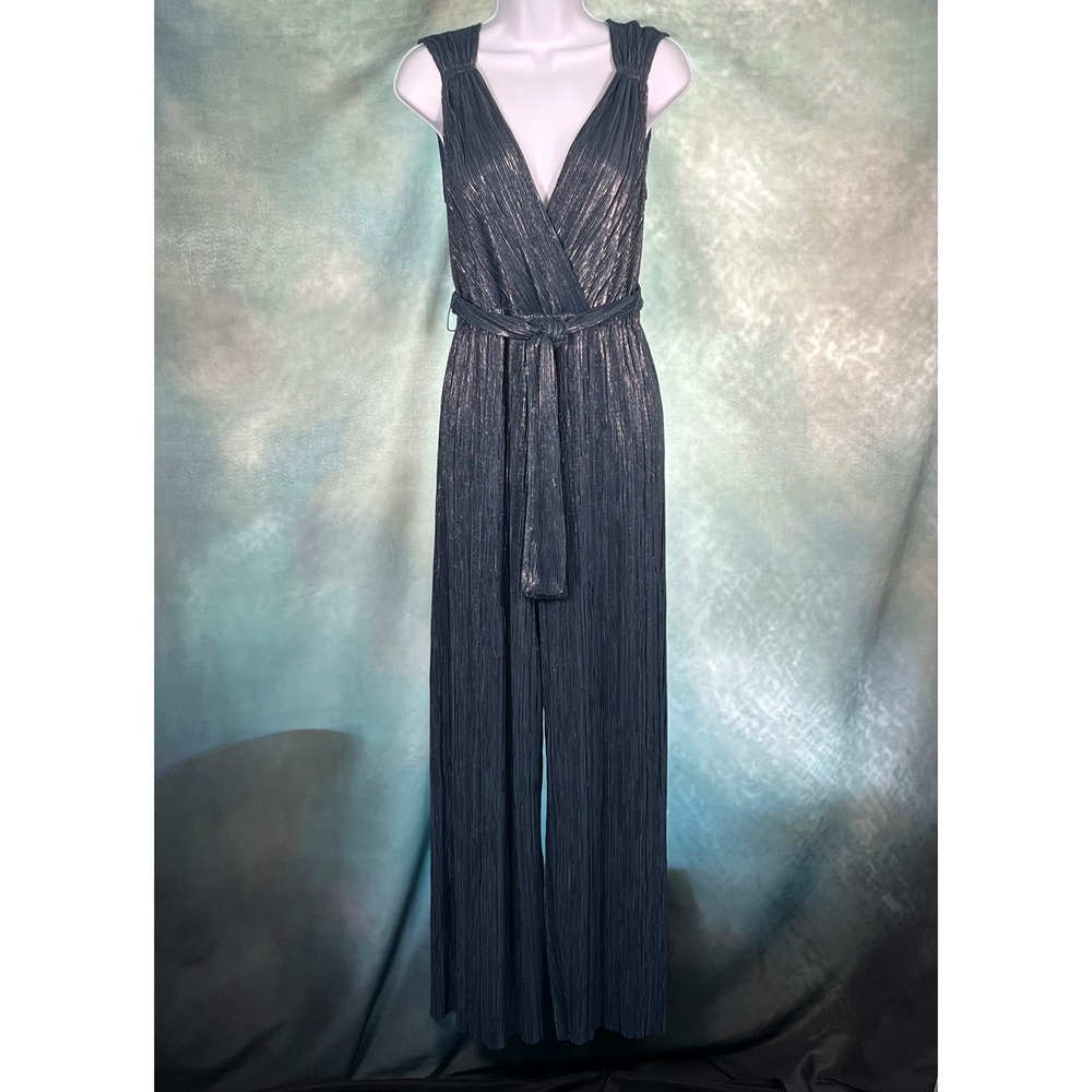 Vanessa Virginia Anthropologie Metallic Blue Plisse Wide Leg Jumpsuit Small S
